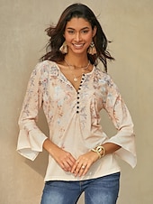 お買い得  フローラルTシャツ-ウィメンズ T シャツ 基本 フローラル ボタン プリント 3/4 長袖 レギュラー トップス ラウンドネック ホリデイ イエロー ブルー
