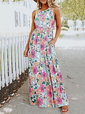 preiswerte Lässige Blumenkleider-Damen Freizeitkleid Tankkleid Blumentaschendruck Rundhalsausschnitt Langes Kleid Maxikleid Stilvoll Tägliches Date Ärmellos Sommer