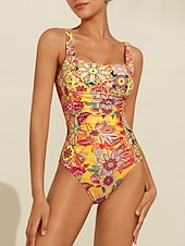 billige designer badetøy-Dame Badetøy Ett stykke Badedrakt Avtagbar pad Rynket utringing Boho Paisley Damask Gul Torget Badedrakter Trykt mønster ny Ferie Strand Klær Strandstil