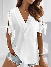 preiswerte Basic-Damenoberteile-Hemd Bluse Damen Weiß Glatt Perlenbesetzt Ausgeschnitten Strasse Täglich Modisch V Ausschnitt Regular Fit S