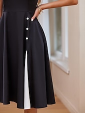 preiswerte Frauen schwarzes Kleid-Cocktailkleid für Damen, einschultrig, asymmetrischer Ausschnitt, Knopfdetail, ärmellos, A-Linie, Midi, schwarz, weiß, Party, elegant, stilvoll, Frühling, Sommer, Kleidung