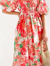 ieftine Rochii de Vacanță-Pentru femei Rochie Lunga Rochie Maxi Rochie casual Rochie leagăn Rochie A line Rochie de vară Stilat Vacanță Zilnic Dată Fit regulat Floral Manșon Jumate De Pe Umăr Roșu-aprins Albastru piscin