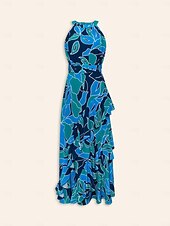 economico Abiti floreali-Per donna Vestito in Chiffon Abito maxi Blu Viola Senza Maniche Floreale Volant Stampa Primavera &amp; Estate Il giro Abito a Fantasia XS S M