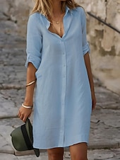 cheap Design Cotton &amp; Linen Dresses-Women&#039;s Black White Blue Summer Spring Mini Dress Cotton Linen Dresses Shirt Dress White Cotton Dress Vacation Basic Modern Daily Weekend Loose Fit Plain Shirt Collar