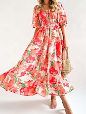ieftine Rochii de Vacanță-Pentru femei Rochie Lunga Rochie Maxi Rochie casual Rochie leagăn Rochie A line Rochie de vară Stilat Vacanță Zilnic Dată Fit regulat Floral Manșon Jumate De Pe Umăr Roșu-aprins Albastru piscin