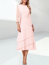 abordables Con chaqueta-Vestido A Línea de Playa para la Madre de la Novia Elegante Cuello Joyero Longitud de Té Chifón Manga de 3/4 Envoltura Incluida con Fruncido 2025 tamaño personalizado gratis