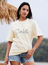 cheap Humor&amp;Quotes tee-Women&#039;s T Shirt Daisy Basic Short Sleeve Round Neck Regular Tops Casual Weekend Print Black White Yellow Pink Navy Blue