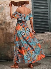 preiswerte Kleider für die Ferien-Damen Freizeitkleid Blumenblatt-Split-Print schulterfrei langes Kleid Maxikleid lässig Boho Date Urlaub 3/4 Ärmel Sommer