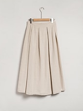 cheap Women&#039;s Skirt-Women&#039;s Linen Blend Khaki Box Pleated Midi Skirt