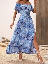 preiswerte Kleider für die Ferien-Damen Freizeitkleid Blumenblatt-Split-Print schulterfrei langes Kleid Maxikleid lässig Boho Date Urlaub 3/4 Ärmel Sommer