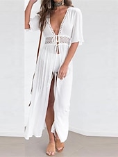 ieftine Rochii Albe din Dantela-Pentru femei Rochie Maxi Rochie albă Rochie casual Rochie leagăn Rochie A line Șic Stradă Linie A Vacanță Concediu Plajă Fit regulat Manșon Jumate În V Negru Alb Albastru piscină Vară