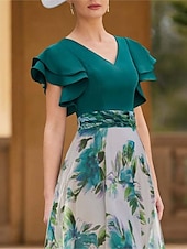 preiswerte Bodenlänge-A-Linie Meerjungfrau Kleid der Brautmutter Strandhochzeit Party V-Ausschnitt Bodenlänge Knöchellänge Chiffon Halbe Ärmeln mit Sash  Band Rüschenden Hochzeitsgäste Kleid
