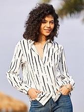 economico Top a Righe e Geometrici per Donne-Camicia da donna Basic a righe con bottoni stampa maniche lunghe maglie regolari colletto casual nera bianca primavera autunno
