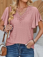cheap Lace Tops-Women's Pointelle Shirt Eyelet Top Lace Shirt Lace Short Sleeve Flutter Sleeve Crew Neck Casual Daily Beach Blue Black White Pink Summer