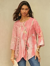 billiga Kvinnors Konst &amp; Design Toppar-Kvinnors blus chiffong daglig grundläggande neongrön  ljus abstrakt tryck långärmad lång toppar rund hals avslappnad ljusgrön rosa blå grön beige höst  vinter