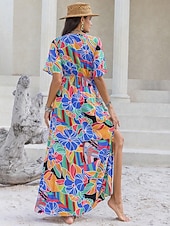 preiswerte Kleider für die Ferien-Damen kleid lang Chiffon-Kleid Elegant Böhmen Vintage Urlaub Party Täglich Lockere Passform Blumen Kurzarm Asymmetrisch Blau Sommer