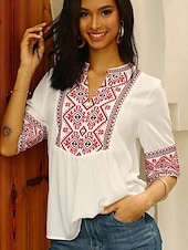 billige Kvinnenes ferietopper-Dame Bluse Blomstret Geometrisk Bohem Halvlange ermer Crew-hals Daglig Broderi Svart Hvit Sommer Vår Høst