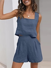 billige Loungewear for damer-Dame lounge Sett Ren farge Mote Grunnleggende Gate Daglig Bomull og lin Pustende Firkantet hals Ermeløs Stropp Topp Shorts Lomme Sommer Vår Svart Rosa