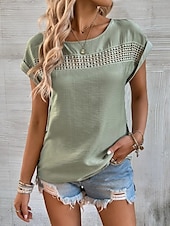 preiswerte Hemden-Damen Leinen-inspirierte Hemden Spitzen-T-Shirt Einfach Mode Kurzarm Rundhalsausschnitt Normale Oberteile Urlaub Täglich Spitze Schwarz Blau Braun Grün Khaki Sommer
