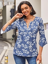 olcso Virágos póló-Női Póló Plus Size Ing Tunika Henley Ing Blúz Utcai Ruházat Hétköznapi Gombok Mintás 3/4 Hosszú Ujjú Szabályos Felsők V Nyakú Napi Hétvégi Piros Tengerész Kék
