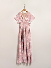 cheap Print Casual Dress-Chiffon Wedding Guest Floral V Neck Corset Maxi Dress
