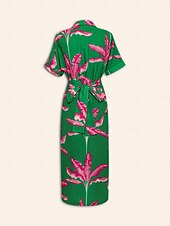 abordables Robes décontractées-Femme Robe imprimée Robe mi-longue Robe mi-longue Vert Manche Courte Plantes Froncé Eté Col V Robe Motif S M L