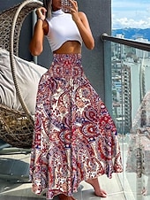 voordelige Grafische rokken-dames rok a-lijn swing maxi rokken print bloemen paisley vakantie zomer vintage boho zwart-wit zwart rood marineblauw