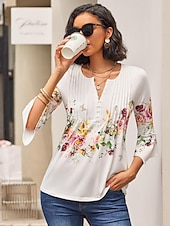 cheap Floral tee-Women&#039;s T Shirt Basic Floral Buttons Print 3/4 Length Sleeve Regular Tops Round Neck Casual Holiday White