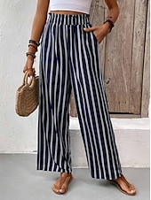voordelige wijde pijpen en hoge taille-Dames Breed Been Broeken Casual / Dagelijks Lang Gestreept Breed Been Opdrukken Ademend Comfortabel Micro-elastisch Kantoor / Formeel Marineblauw Lente zomer Normale pasvorm