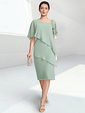 economico Lunghezza del tè-Tubino Colonna Lunghezza al ginocchio Vestito da Festa Abito da Cocktail Abito da invitata a nozze Abito da cerimonia per signora Mezza Manica Collo gioiello Elegante Ospite di nozze Chiffon con