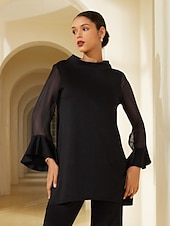 preiswerte Zweiteilige Sets-Damen Modal Chiffon Flare Manschette Stehkragen Langarm Bluse Hosen Set Date Elegant Alltagskleidung