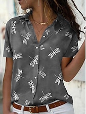 voordelige Dames grafische tops-dames casual overhemd korte mouw libellenprint reverskraag knoopsluiting stoffig roze relaxte pasvorm lente zomer mode top dagelijks gebruik maten s-xl