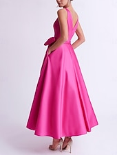 economico Abiti da cocktail-Abiti da cocktail A-Line per matrimoni in spiaggia abito elegante per ospiti di matrimoni Kentucky Derby lunghezza tè senza maniche scollatura a V con tasca in raso con fiocco(i) abiti Derby 2025