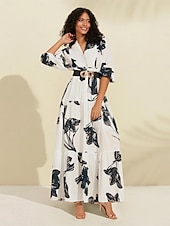olcso nyomtatott alkalmi ruha-Női Swing ruha Nyomtatott ruha Maxi hosszú ruha Fekete-Fehér Virág / Növények Farmer Övvel Nyár V-alakú Szabadság minta ruha S M L