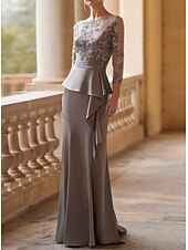 preiswerte Bodenlänge-Meerjungfrau Mutter der Braut Kleid Elegantes Vintage Party Illusionshals Schmuckhals Bodenlang Spitze Stretchstoff 3/4-Langen Ärmel Halber Ärmel mit Band  Schleife Raffung Perlen 2025