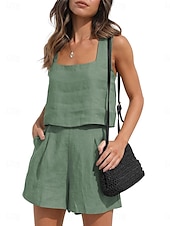 billige Loungewear for damer-Dame lounge Sett Ren farge Mote Grunnleggende Gate Daglig Bomull og lin Pustende Firkantet hals Ermeløs Stropp Topp Shorts Lomme Sommer Vår Svart Rosa