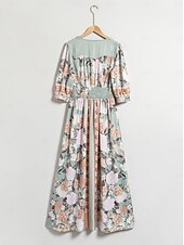 abordables Robes de fête-Robe longue en satin vert à fleurs, col en V, manches bouffantes, pour invités de fête/mariage, pour impressionner 2024