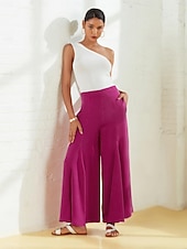  女性用 ワイドレッグ 全長 サテン ポケット パンツ カジュアル／普段着 週末 ローズレッド 夏 S M XL