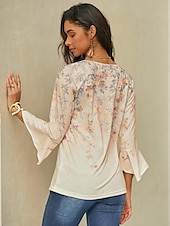 お買い得  フローラルTシャツ-ウィメンズ T シャツ 基本 フローラル ボタン プリント 3/4 長袖 レギュラー トップス ラウンドネック ホリデイ イエロー ブルー