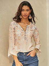 お買い得  フローラルTシャツ-ウィメンズ T シャツ 基本 フローラル ボタン プリント 3/4 長袖 レギュラー トップス ラウンドネック ホリデイ イエロー ブルー