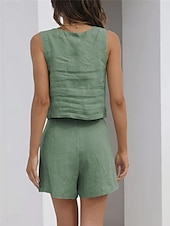 billige Loungewear for damer-Dame lounge Sett Ren farge Mote Grunnleggende Gate Daglig Bomull og lin Pustende Firkantet hals Ermeløs Stropp Topp Shorts Lomme Sommer Vår Svart Rosa