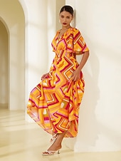 Damskie Sukienki szyfonowe Sukienka maxi Pomarańczowy Krótki rękaw Geometryczny Drukowanie Wiosna i lato W serek Sukienka wzór S M L tanie Sukienki kwiatowe-Damskie Sukienki szyfonowe Sukienka maxi Pomarańczowy Krótki rękaw Geometryczny Drukowanie Wiosna i lato W serek Sukienka wzór S M L