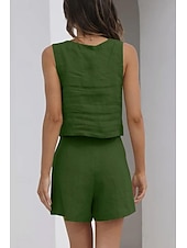 billige Loungewear for damer-Dame lounge Sett Ren farge Mote Grunnleggende Gate Daglig Bomull og lin Pustende Firkantet hals Ermeløs Stropp Topp Shorts Lomme Sommer Vår Svart Rosa