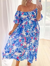 ieftine Rochii de Vacanță-Pentru femei Rochie Lunga Rochie Maxi Rochie casual Rochie leagăn Rochie A line Rochie de vară Stilat Vacanță Zilnic Dată Fit regulat Floral Manșon Jumate De Pe Umăr Roșu-aprins Albastru piscin