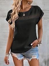 preiswerte Hemden-Damen Leinen-inspirierte Hemden Spitzen-T-Shirt Einfach Mode Kurzarm Rundhalsausschnitt Normale Oberteile Urlaub Täglich Spitze Schwarz Blau Braun Grün Khaki Sommer