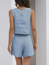billige Loungewear for damer-Dame lounge Sett Ren farge Mote Grunnleggende Gate Daglig Bomull og lin Pustende Firkantet hals Ermeløs Stropp Topp Shorts Lomme Sommer Vår Svart Rosa