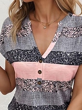 voordelige Stripe &amp; Geometrische t-shirt-Dames T-shirt Gestreept Sprankelend Stijlvol Korte mouw V-hals Normale tops Dagelijks Uitgaan Knop Afdrukken Blozend Roze Zomer