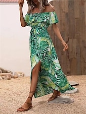 preiswerte Kleider für die Ferien-Damen Freizeitkleid Blumenblatt-Split-Print schulterfrei langes Kleid Maxikleid lässig Boho Date Urlaub 3/4 Ärmel Sommer
