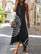 cheap Casual Floral Dresses-Women&#039;s Midi Dress Bohemian Sleeveless Round Neck Tie-Dye Fringe Detail Beach Casual Blue White One Size Summer Fashion Clothing Apparel