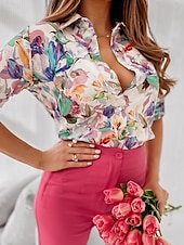 voordelige Dames grafische tops-Dames Overhemd Blouse Bloemig Stip Casual Lange mouw Overhemdkraag Normale tops Vakantie Dagelijks Knop Afdrukken Wit Blozend Roze Rood blauw Khaki Lente zomer